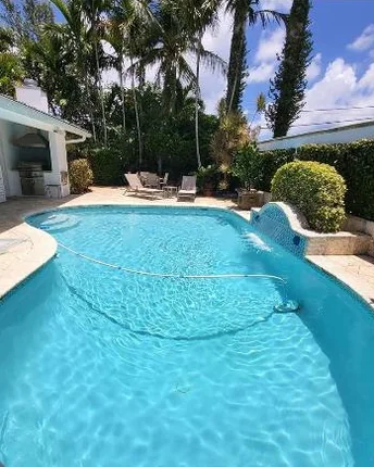 A curved freeform pool with a raised tile water feature, ringed by palms and a shaded patio.